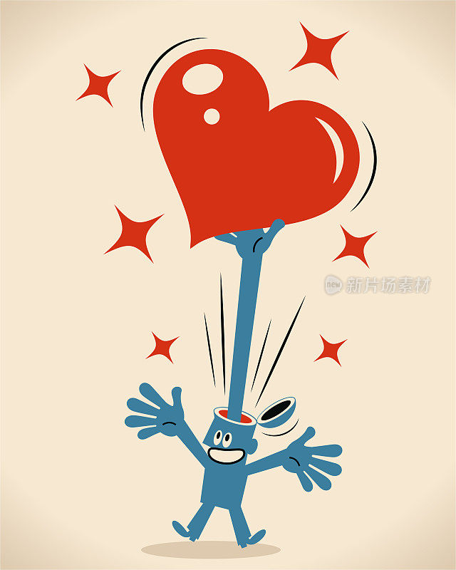 While the smiling blue man's head opens, a hand pops out and shows love heart symbol